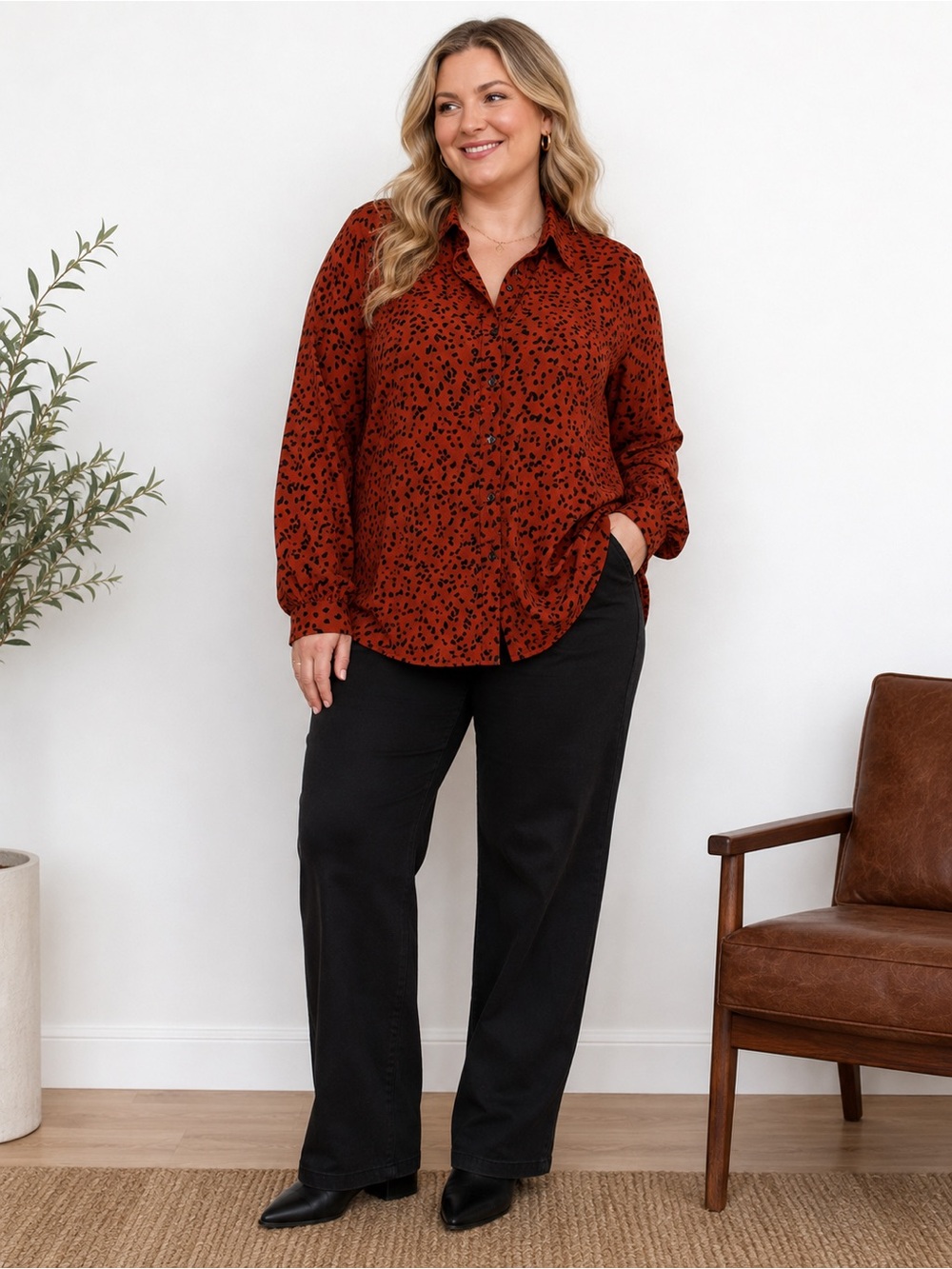 Susan Graver Rust Abstract Print Button Front Blouse Size L